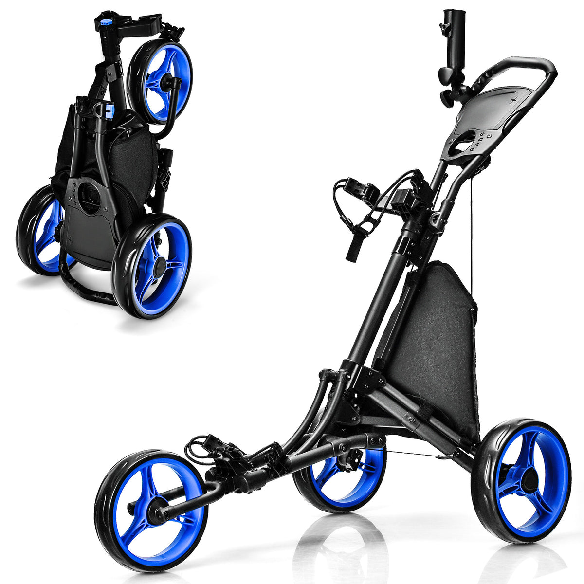 Folding 3 Wheels Golf Push Cart with Bag Scoreboard Adjustable Handle-Blue-Golf-DECOROLALA