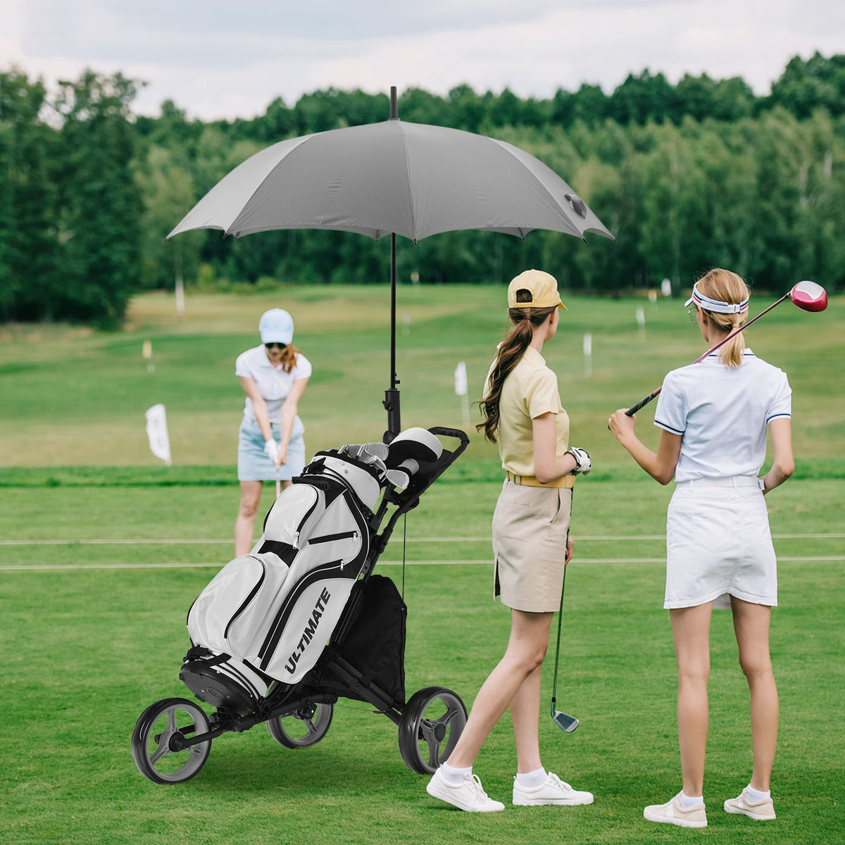 Folding 3 Wheels Golf Push Cart with Bag Scoreboard Adjustable Handle-Gray-Golf-DECOROLALA