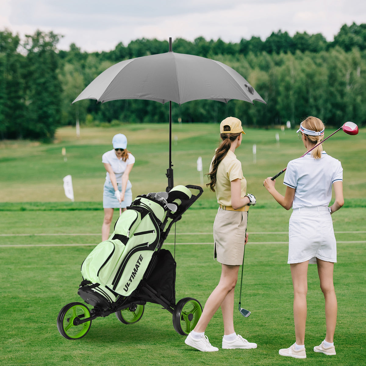Folding 3 Wheels Golf Push Cart with Bag Scoreboard Adjustable Handle-Green-Golf-DECOROLALA