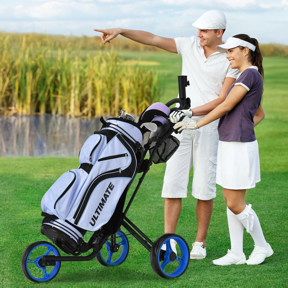 Folding 3 Wheels Golf Push Cart with Brake Scoreboard Adjustable Handle-Blue-Golf-DECOROLALA