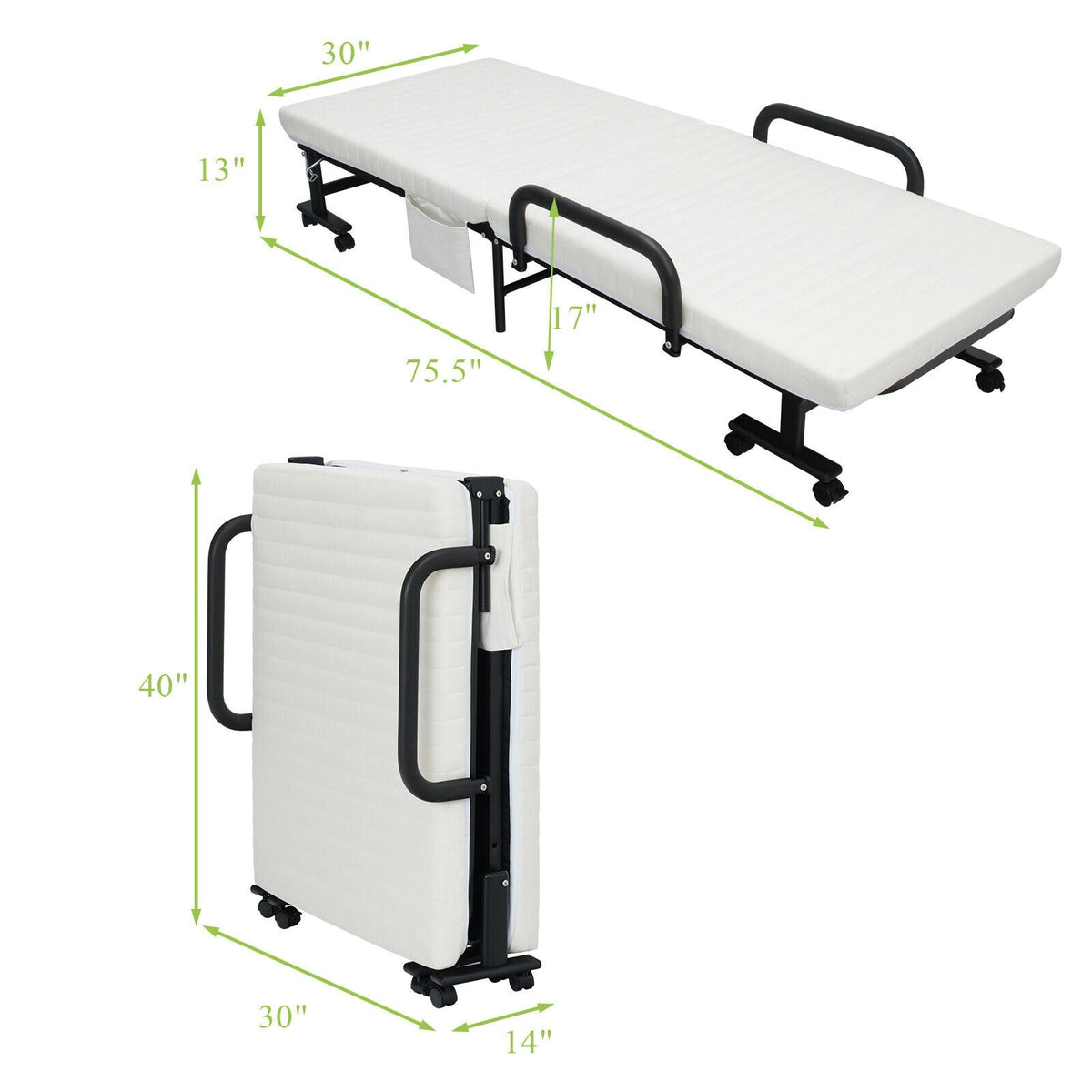 Folding Adjustable Guest Single Bed Lounge Portable with Wheels-Folding Beds-DECOROLALA