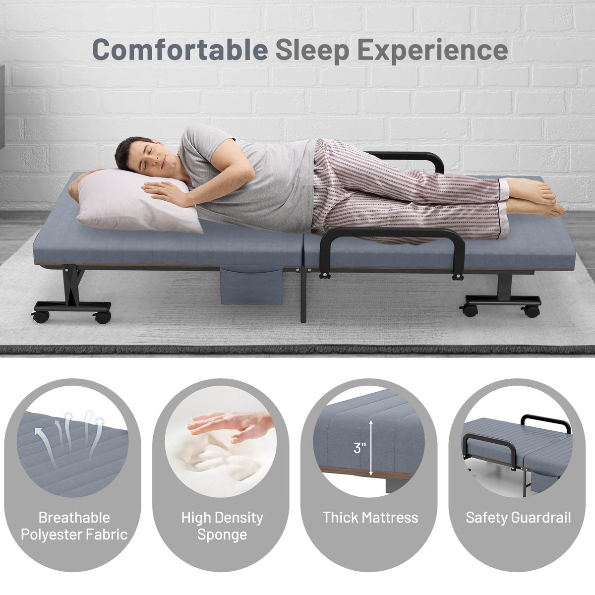 Folding Adjustable Guest Single Bed Lounge Portable with Wheels-Folding Beds-DECOROLALA