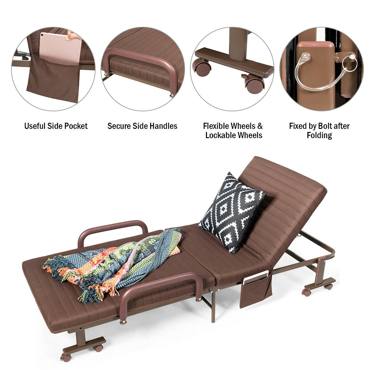 Folding Adjustable Guest Single Bed Lounge Portable with Wheels-Folding Beds-DECOROLALA