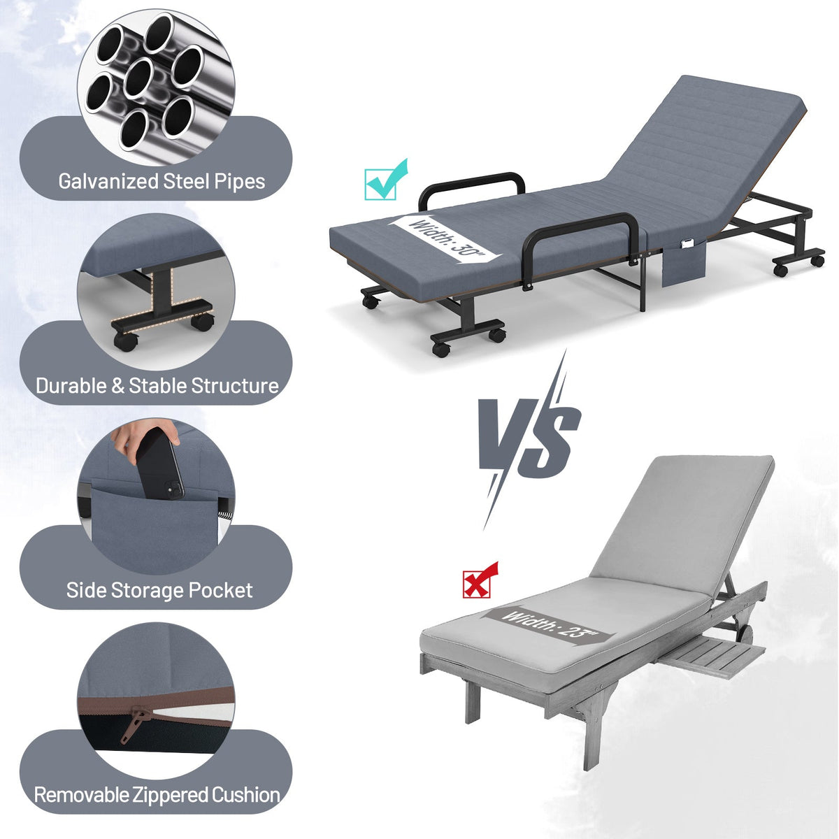 Folding Adjustable Guest Single Bed Lounge Portable with Wheels-Folding Beds-DECOROLALA