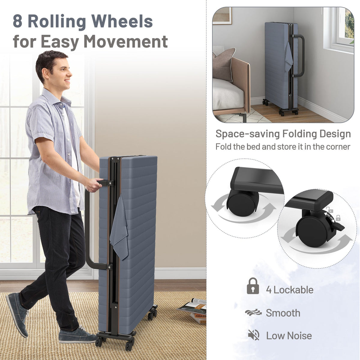 Folding Adjustable Guest Single Bed Lounge Portable with Wheels-Folding Beds-DECOROLALA