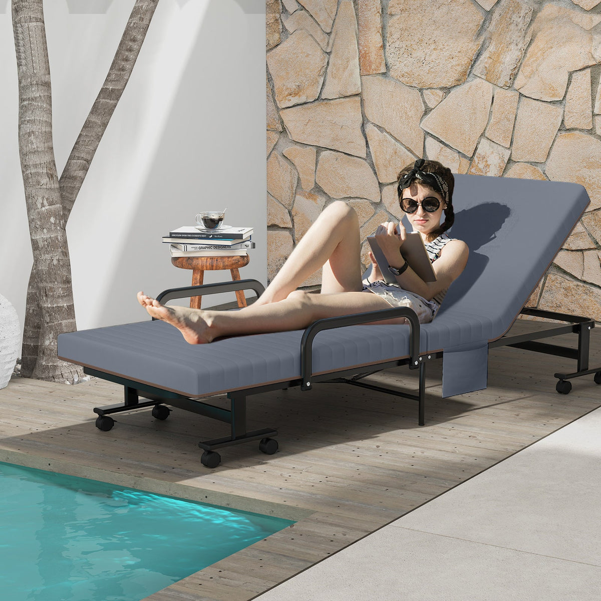 Folding Adjustable Guest Single Bed Lounge Portable with Wheels-Folding Beds-DECOROLALA
