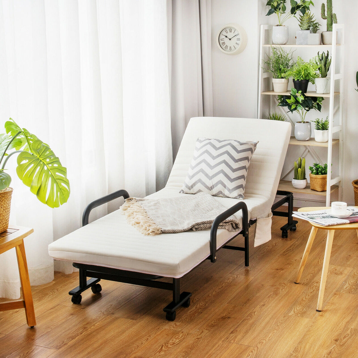 Folding Adjustable Guest Single Bed Lounge Portable with Wheels-White-Folding Beds-DECOROLALA