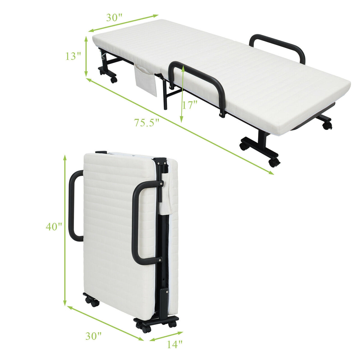 Folding Adjustable Guest Single Bed Lounge Portable with Wheels-White-Folding Beds-DECOROLALA
