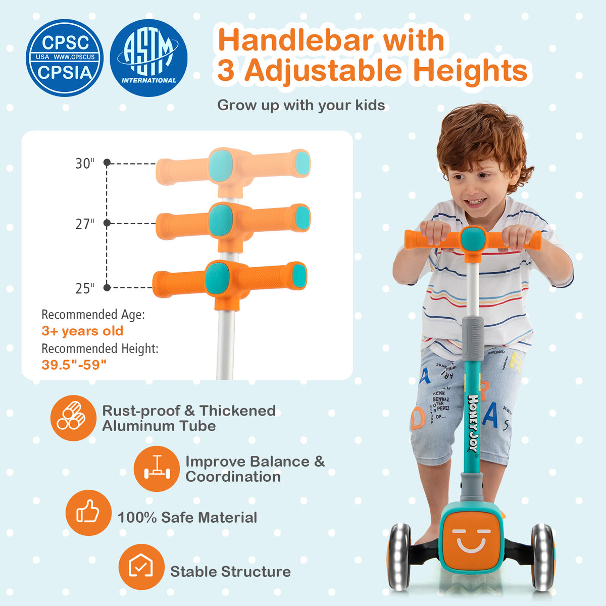 Folding Adjustable Kids Toy Scooter with LED Flashing Wheels Horn 4 Emoji Covers