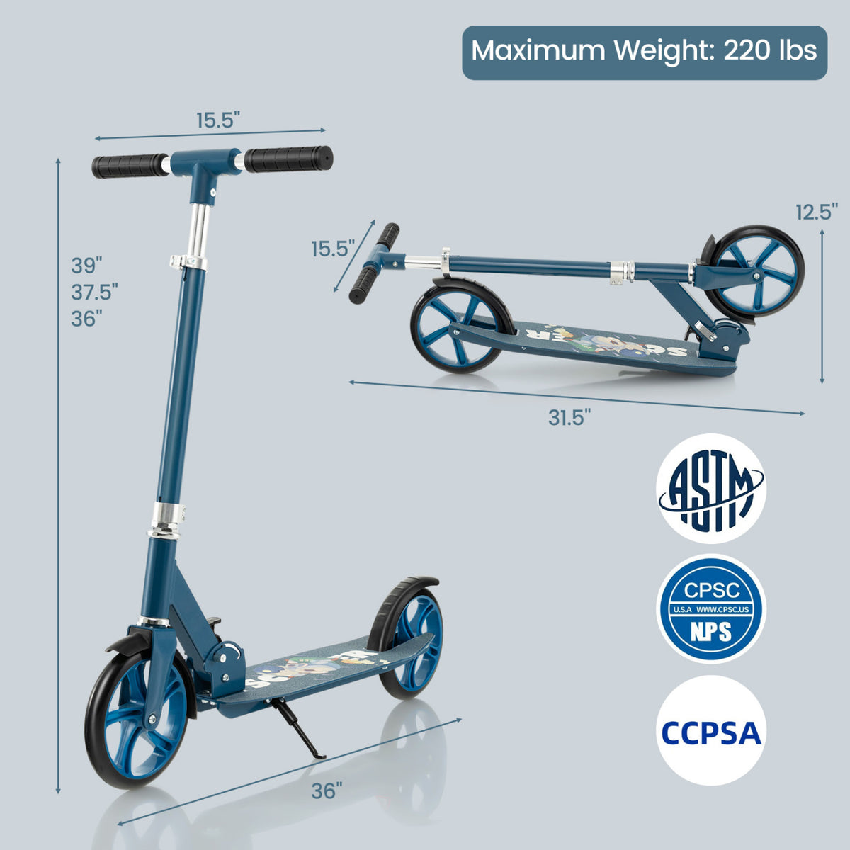 Folding Aluminum Alloy Scooter with 3 Adjustable Heights
