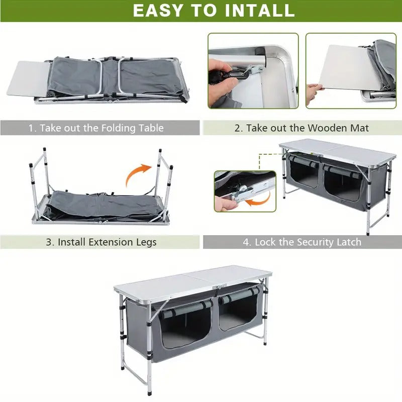 Folding Aluminum Table with Storage Cabinet - White 120cm 3-Height-Folding Tables-DECOROLALA