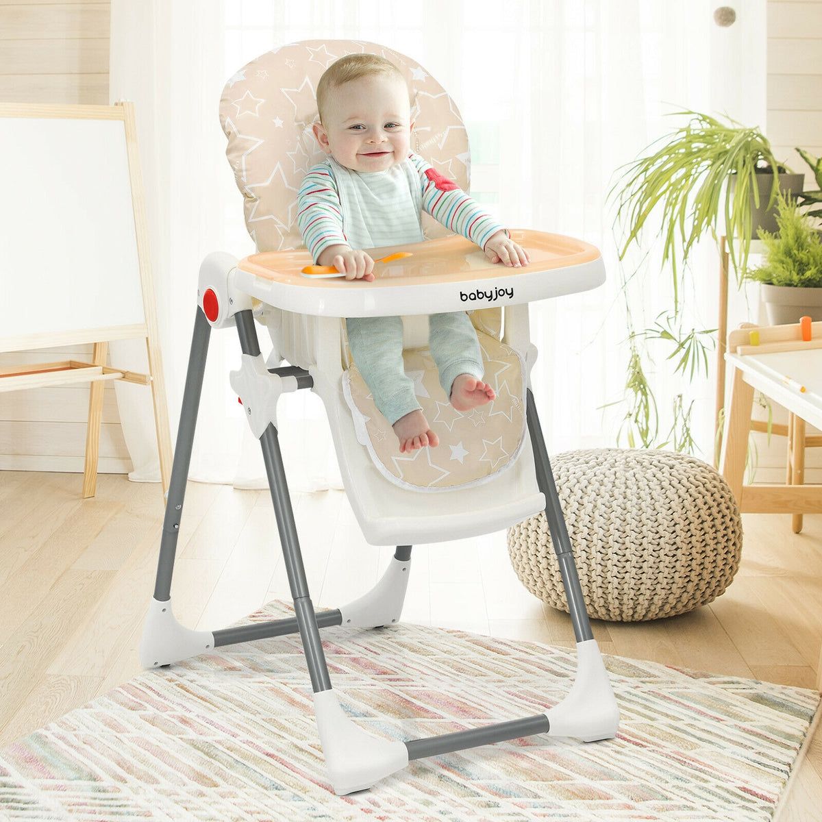 Folding Baby High Dining Chair with 6-Level Height Adjustment-Beige-High Chairs-DECOROLALA