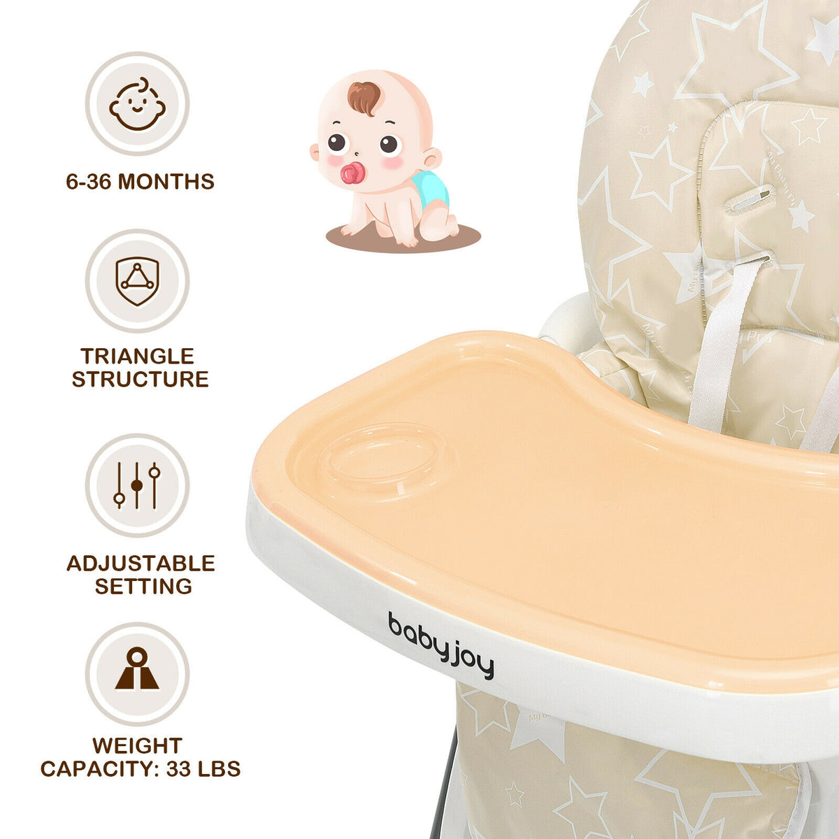 Folding Baby High Dining Chair with 6-Level Height Adjustment-Beige-High Chairs-DECOROLALA
