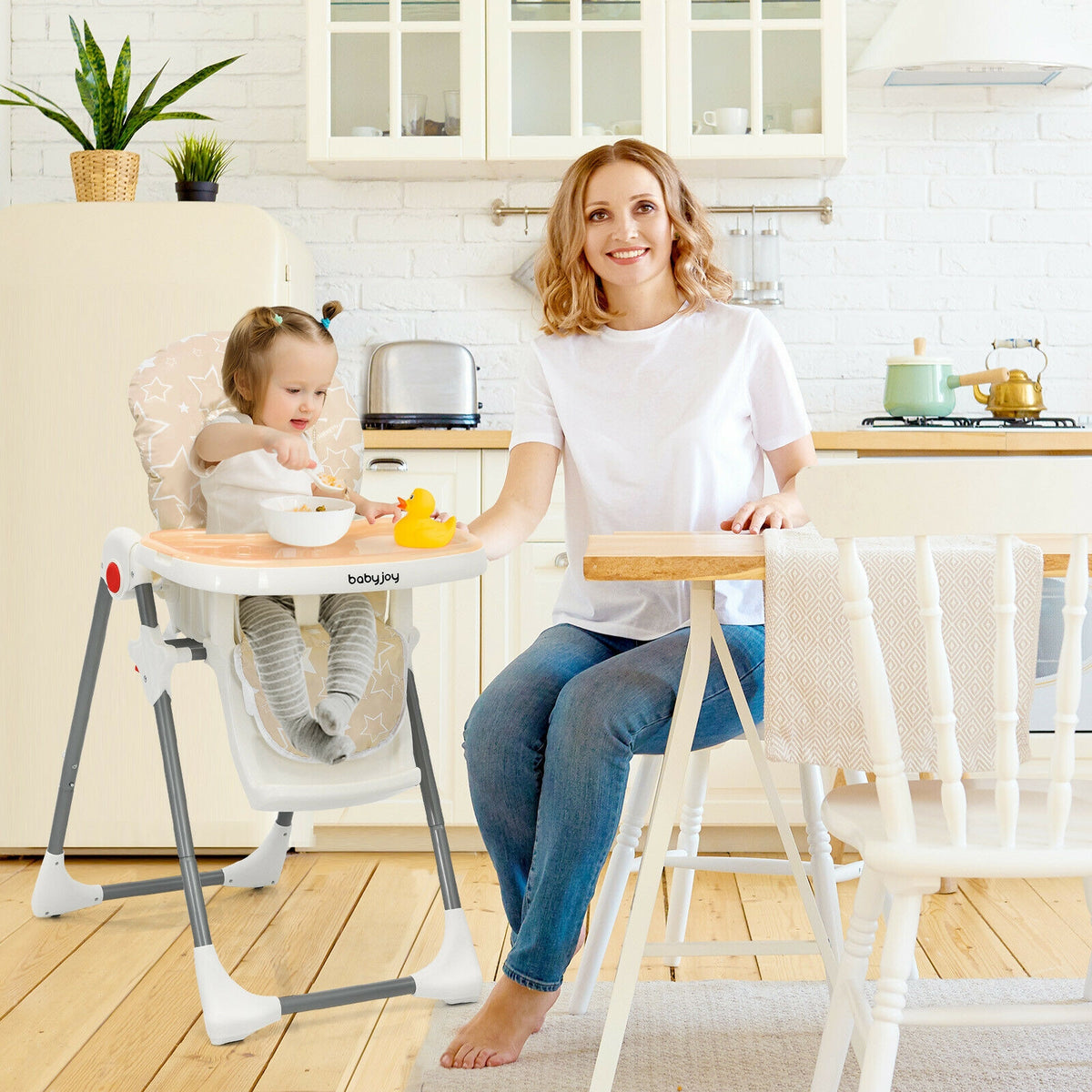 Folding Baby High Dining Chair with 6-Level Height Adjustment-Beige-High Chairs-DECOROLALA