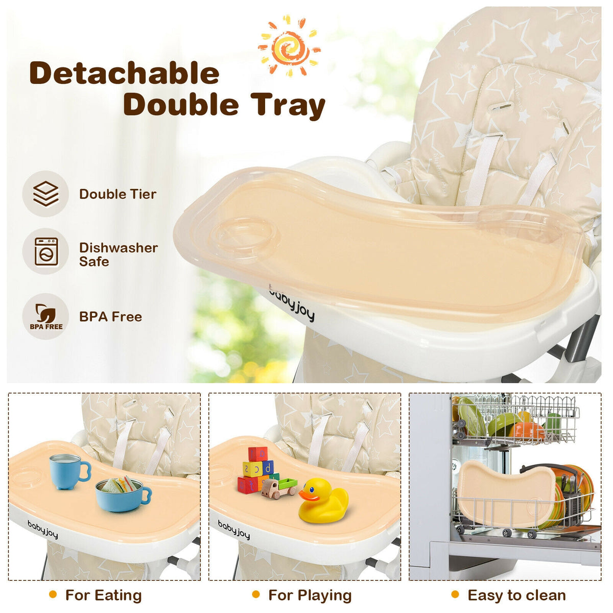 Folding Baby High Dining Chair with 6-Level Height Adjustment-Beige-High Chairs-DECOROLALA