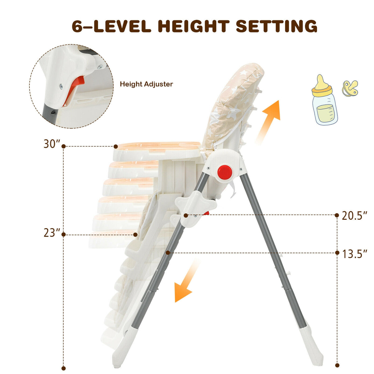 Folding Baby High Dining Chair with 6-Level Height Adjustment-Beige-High Chairs-DECOROLALA