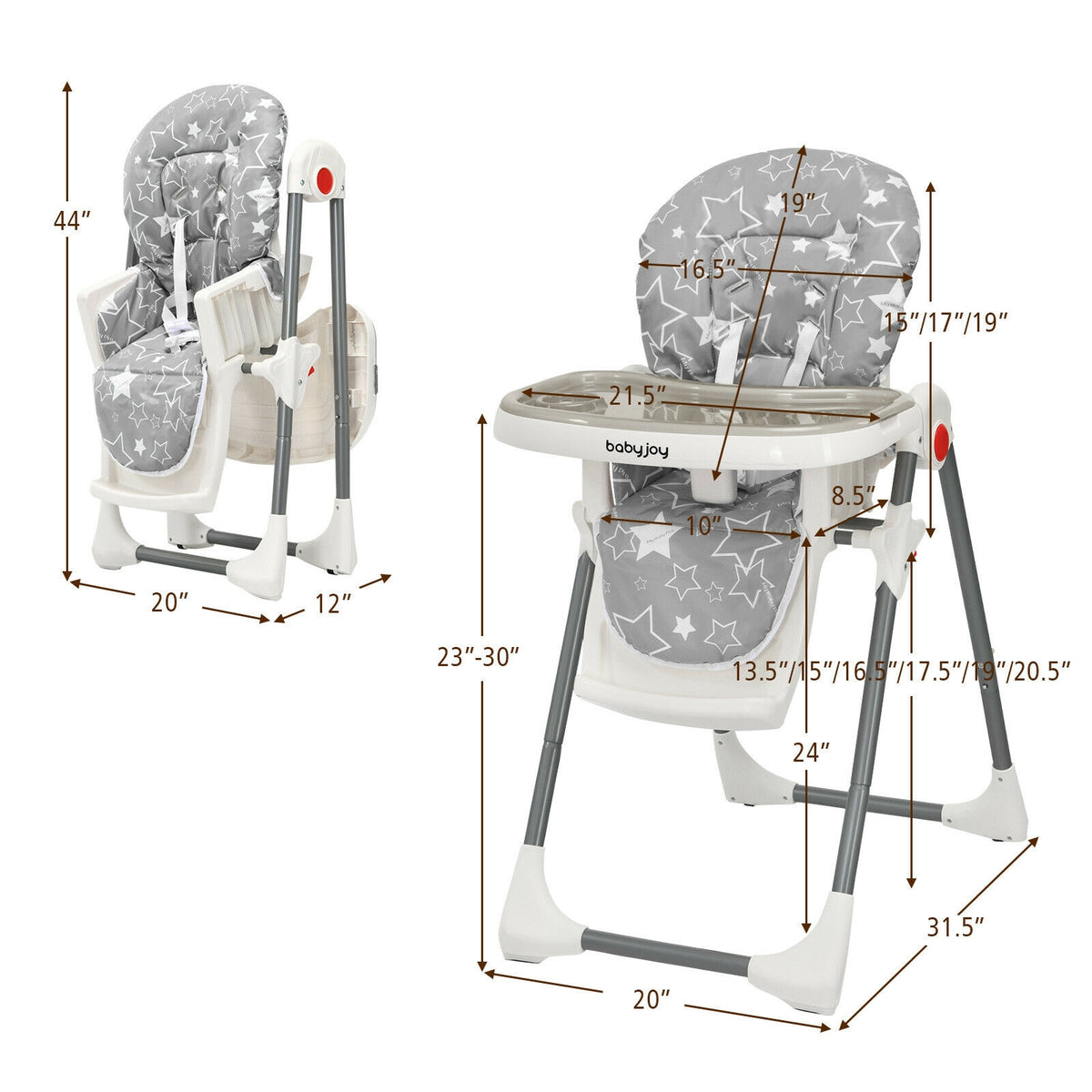 Folding Baby High Dining Chair with 6-Level Height Adjustment-Gray-High Chairs-DECOROLALA