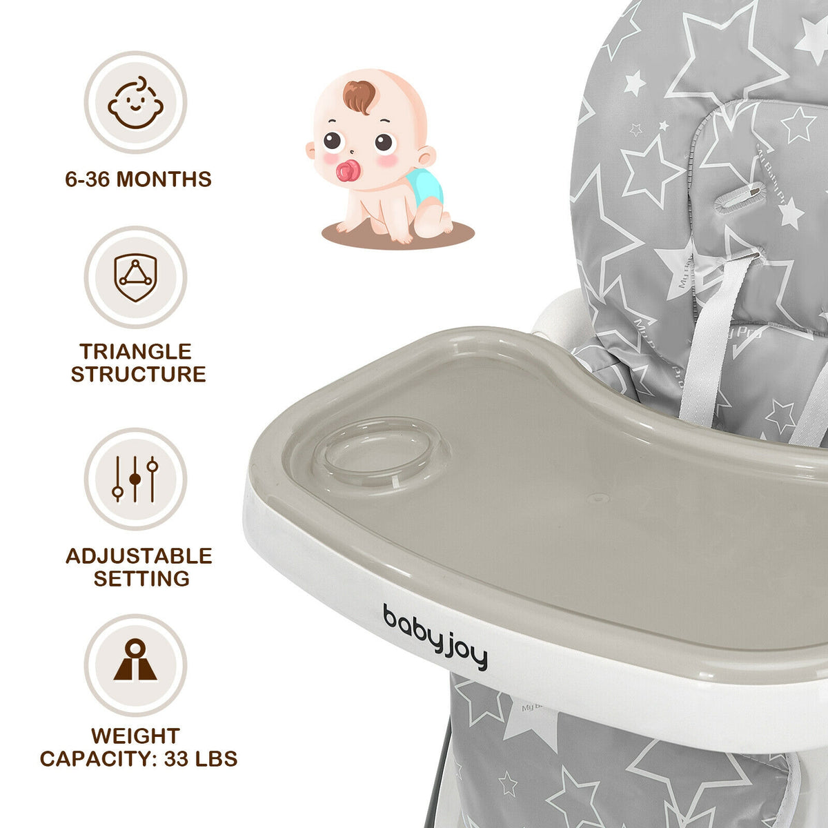 Folding Baby High Dining Chair with 6-Level Height Adjustment-Gray-High Chairs-DECOROLALA