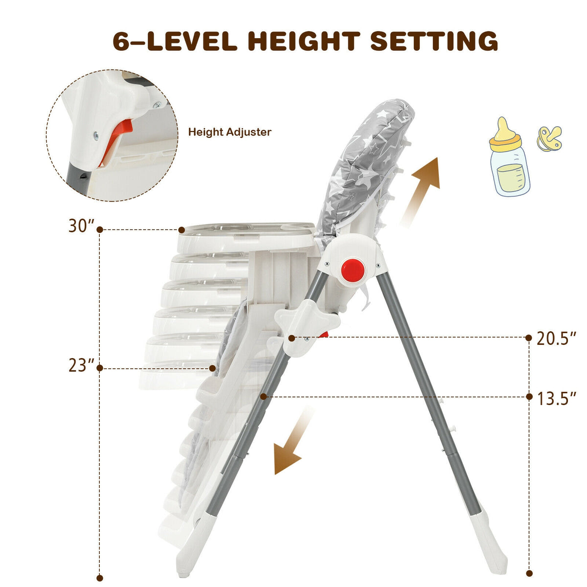 Folding Baby High Dining Chair with 6-Level Height Adjustment-Gray-High Chairs-DECOROLALA