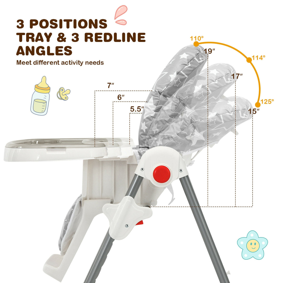 Folding Baby High Dining Chair with 6-Level Height Adjustment-Gray-High Chairs-DECOROLALA