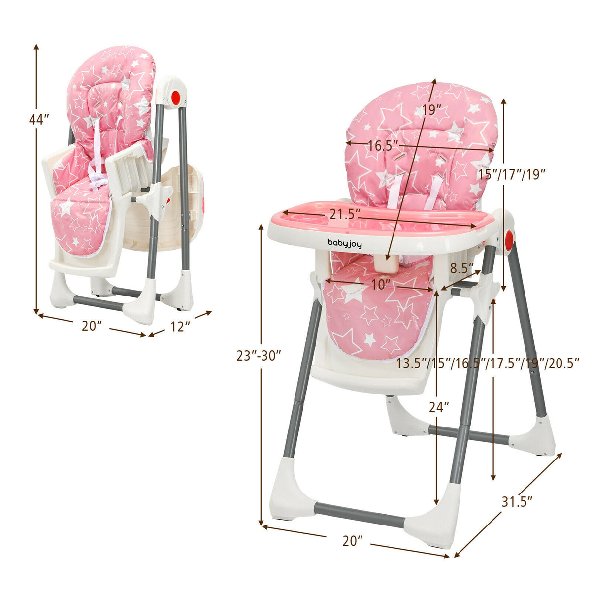 Folding Baby High Dining Chair with 6-Level Height Adjustment-Pink-High Chairs-DECOROLALA