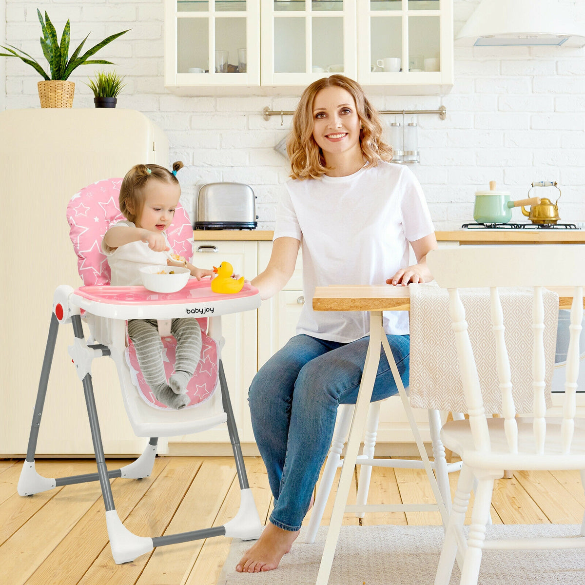 Folding Baby High Dining Chair with 6-Level Height Adjustment-Pink-High Chairs-DECOROLALA