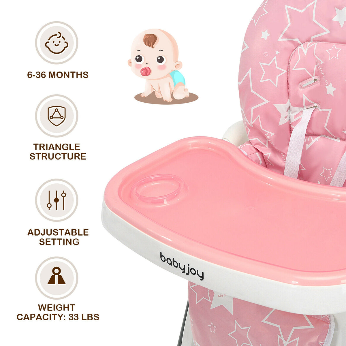 Folding Baby High Dining Chair with 6-Level Height Adjustment-Pink-High Chairs-DECOROLALA