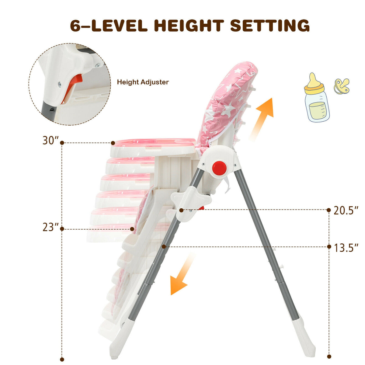 Folding Baby High Dining Chair with 6-Level Height Adjustment-Pink-High Chairs-DECOROLALA