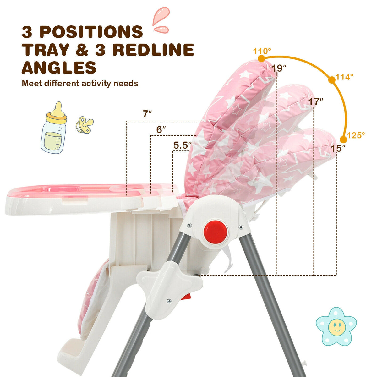 Folding Baby High Dining Chair with 6-Level Height Adjustment-Pink-High Chairs-DECOROLALA