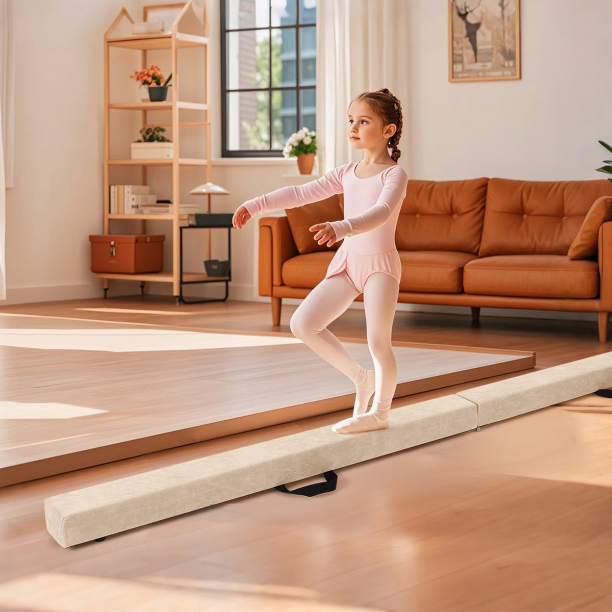 Folding Balance Beam with Solid Wood Base and Anti-slip Bottom-Beige-Yoga & Gym Mats-DECOROLALA