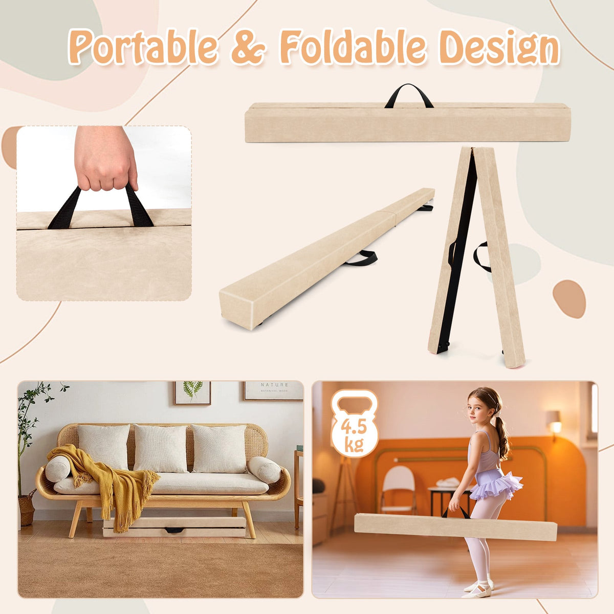 Folding Balance Beam with Solid Wood Base and Anti-slip Bottom-Beige-Yoga & Gym Mats-DECOROLALA
