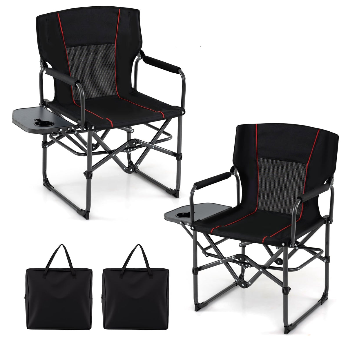 Folding Camping Chair with Side Table and Cup Holder with Carrying Bag-Black-Camping Furniture-DECOROLALA