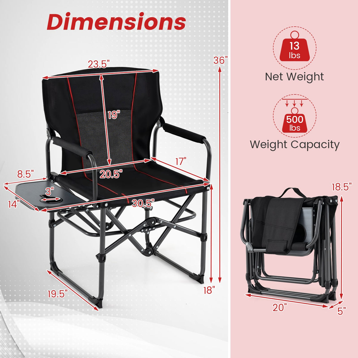 Folding Camping Chair with Side Table and Cup Holder with Carrying Bag-Black-Camping Furniture-DECOROLALA