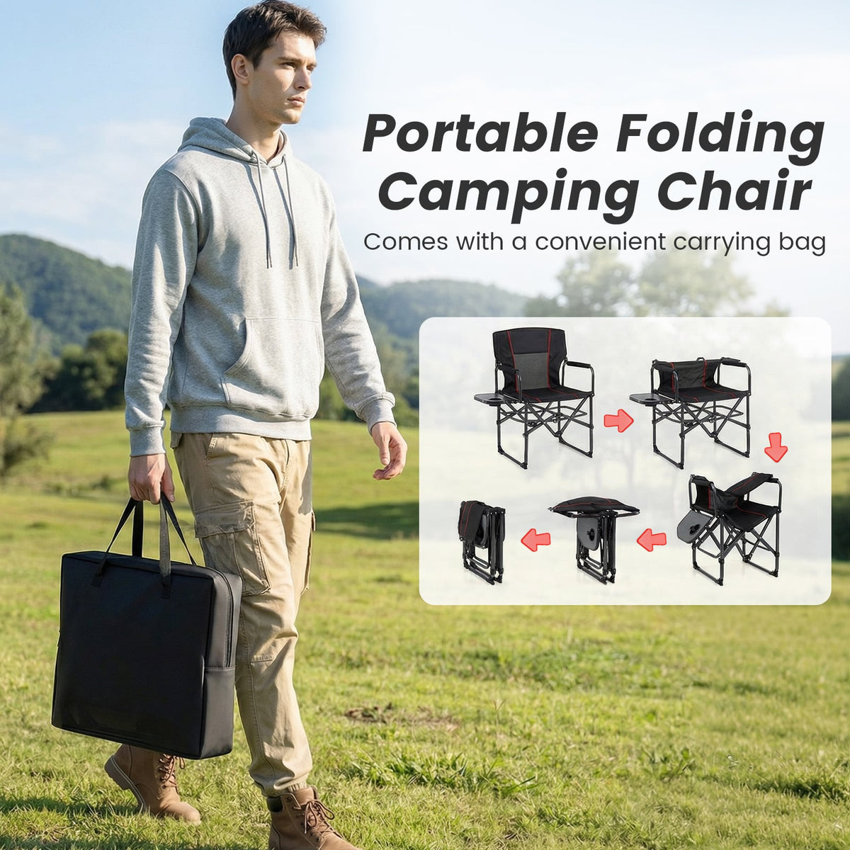 Folding Camping Chair with Side Table and Cup Holder with Carrying Bag-Black-Camping Furniture-DECOROLALA