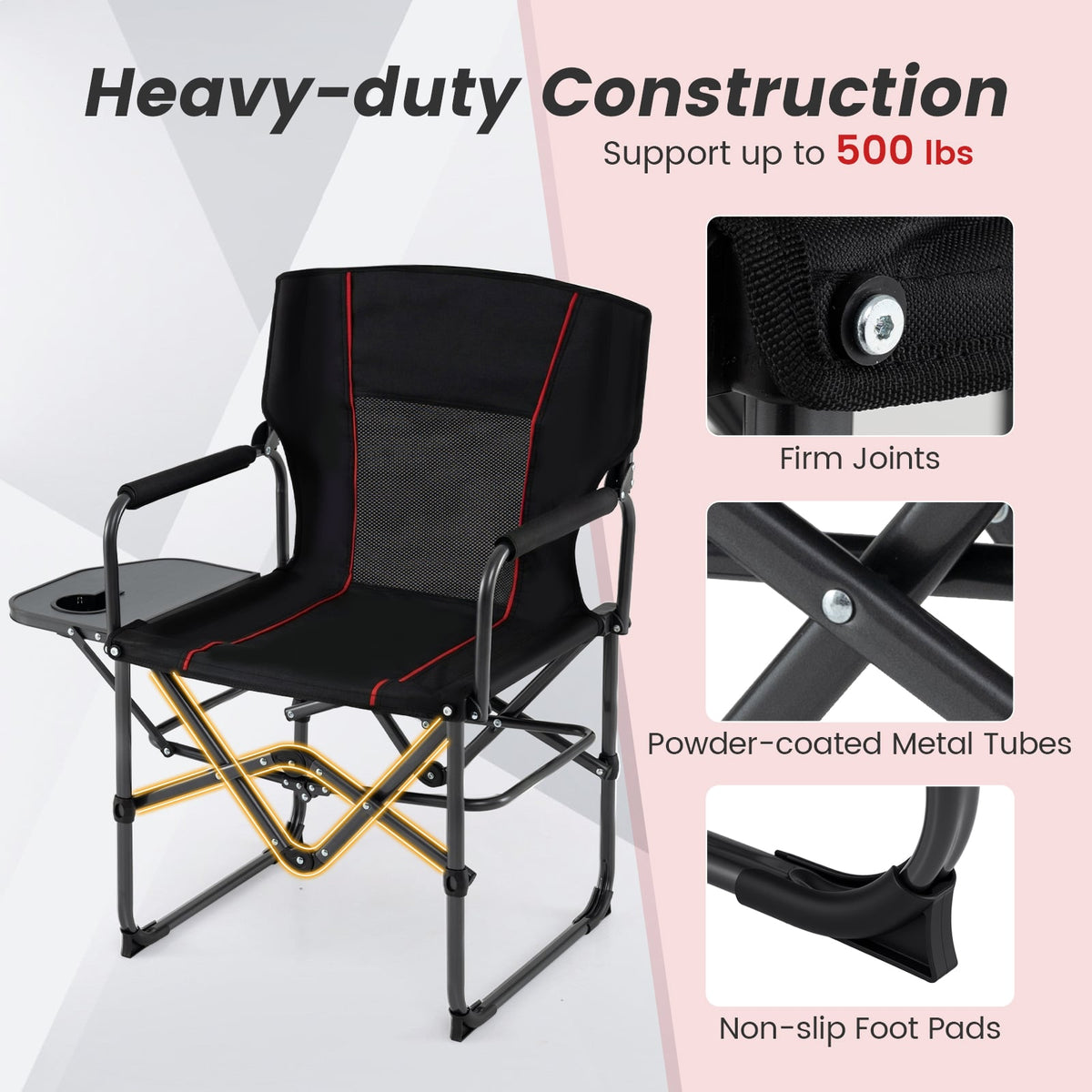 Folding Camping Chair with Side Table and Cup Holder with Carrying Bag-Black-Camping Furniture-DECOROLALA