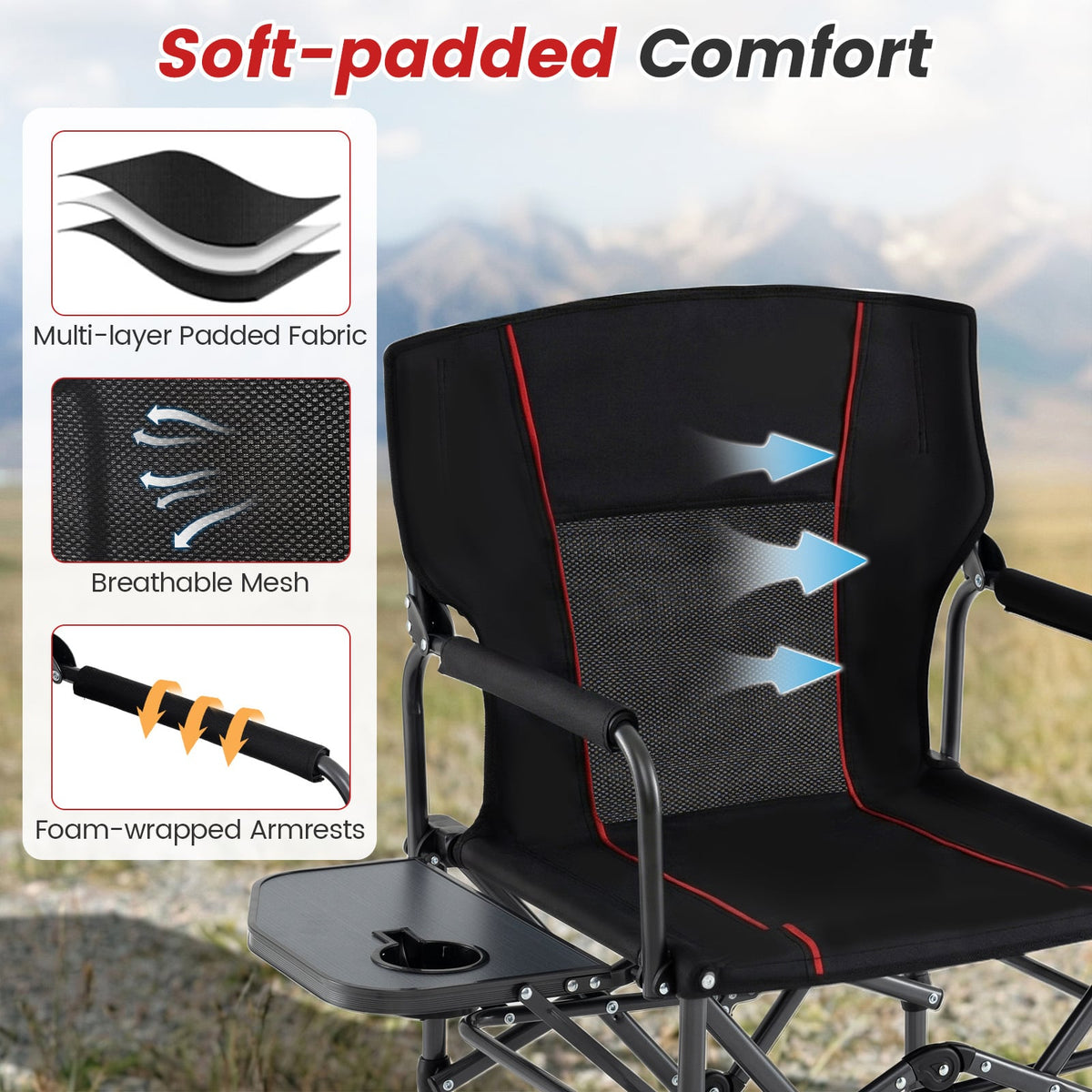 Folding Camping Chair with Side Table and Cup Holder with Carrying Bag-Black-Camping Furniture-DECOROLALA