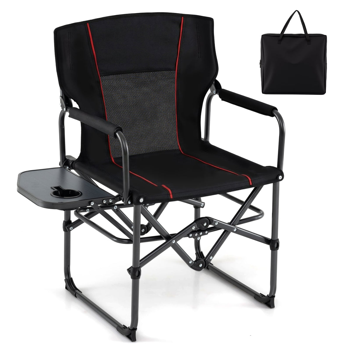 Folding Camping Chair with Side Table and Cup Holder with Carrying Bag-Black-Camping Furniture-DECOROLALA