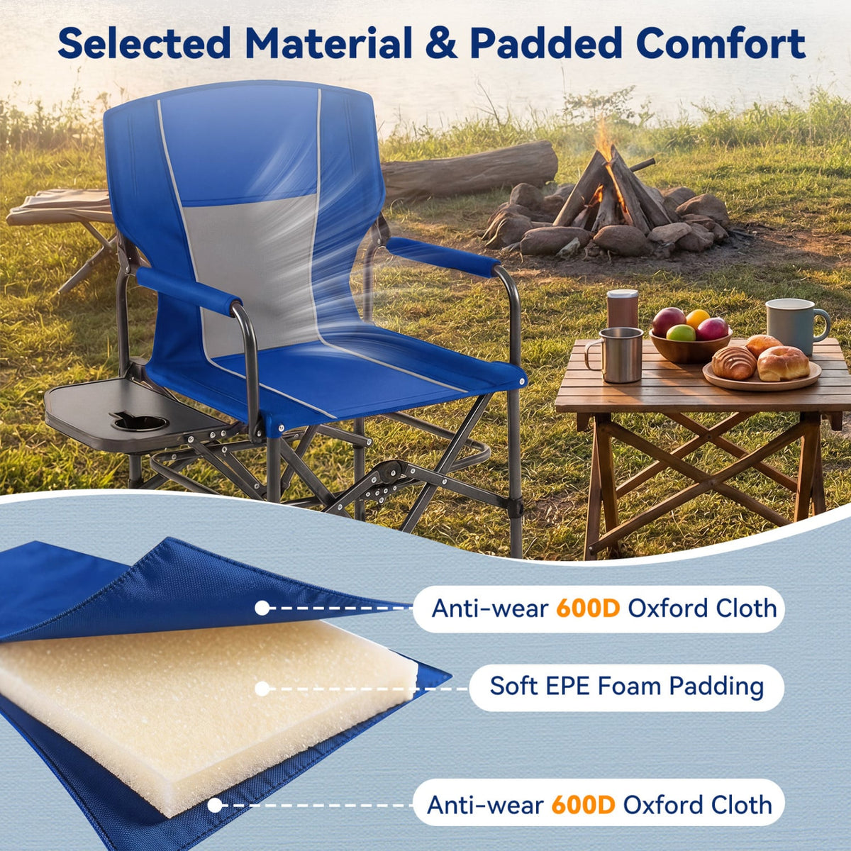 Folding Camping Chair with Side Table and Cup Holder with Carrying Bag-Navy-Camping Furniture-DECOROLALA