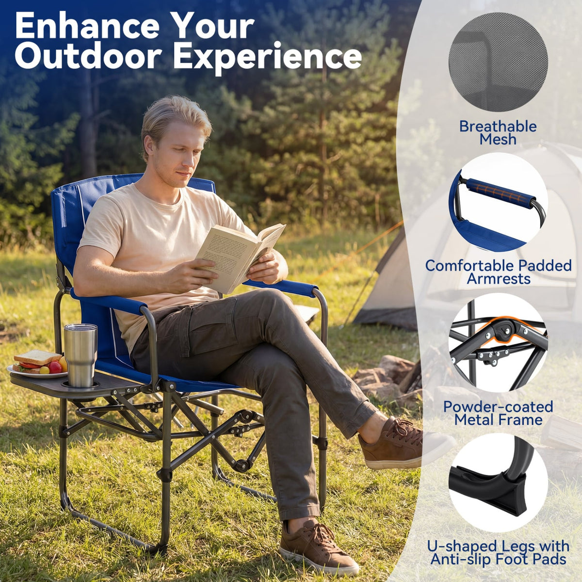 Folding Camping Chair with Side Table and Cup Holder with Carrying Bag-Navy-Camping Furniture-DECOROLALA