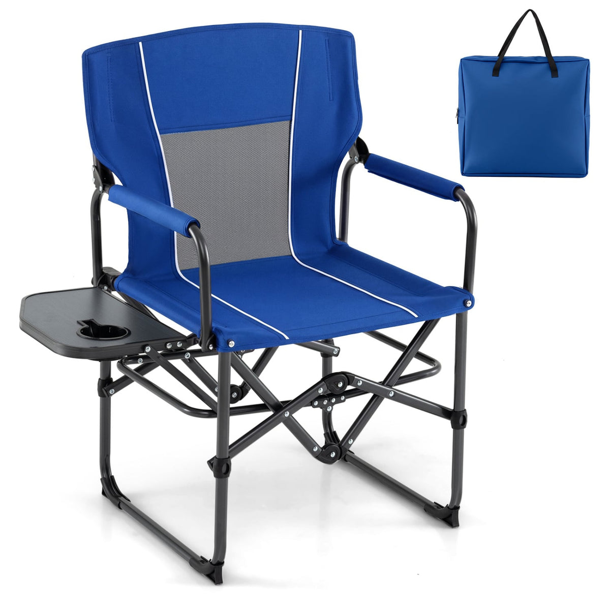 Folding Camping Chair with Side Table and Cup Holder with Carrying Bag-Navy-Camping Furniture-DECOROLALA