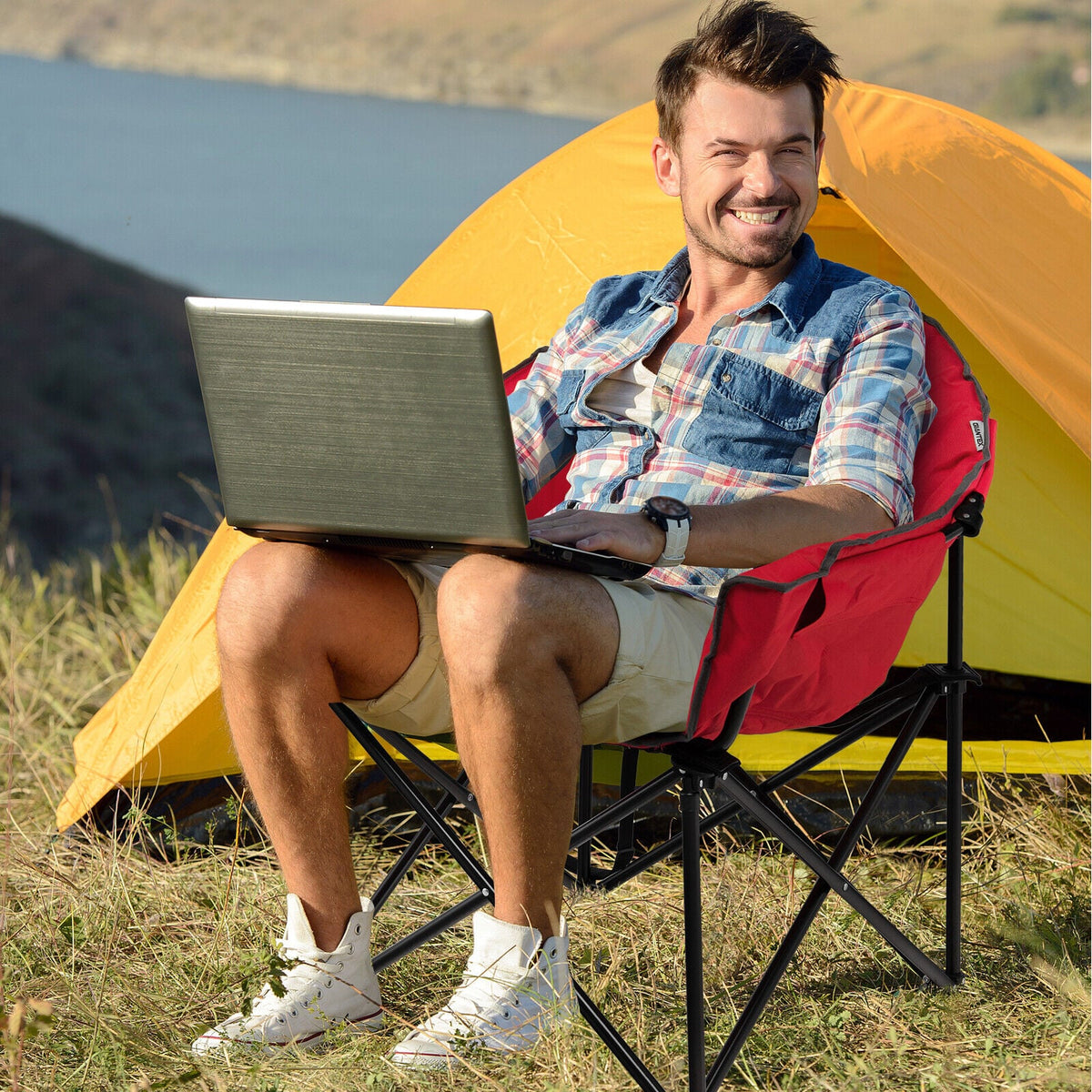 Folding Camping Moon Padded Chair with Carrying Bag-Red-Camping Furniture-DECOROLALA