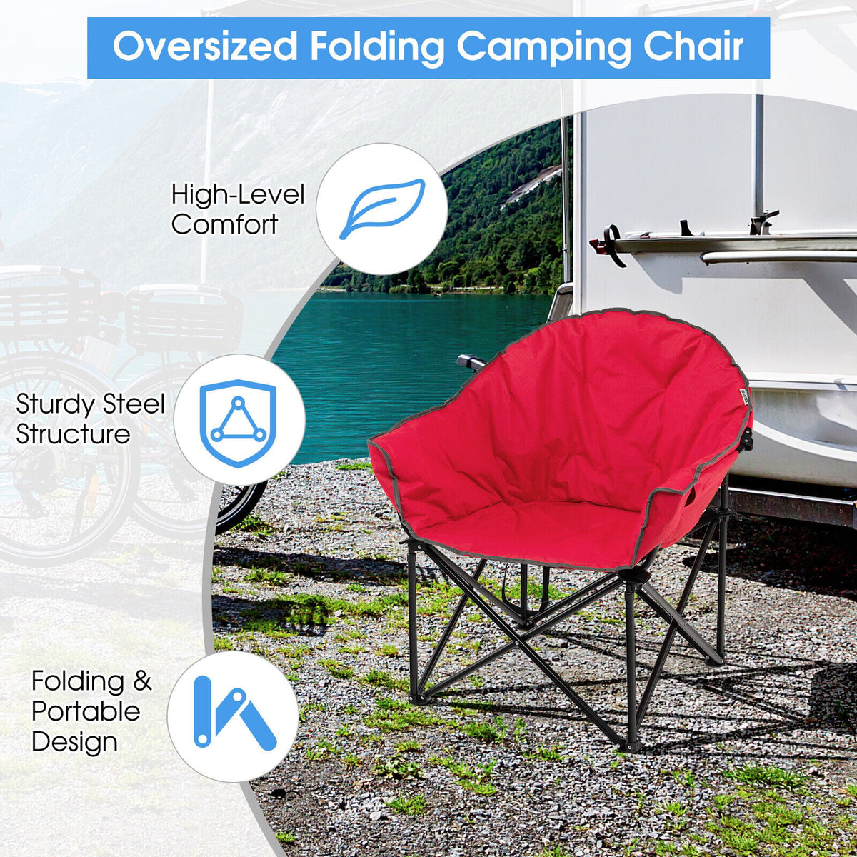 Folding Camping Moon Padded Chair with Carrying Bag-Red-Camping Furniture-DECOROLALA