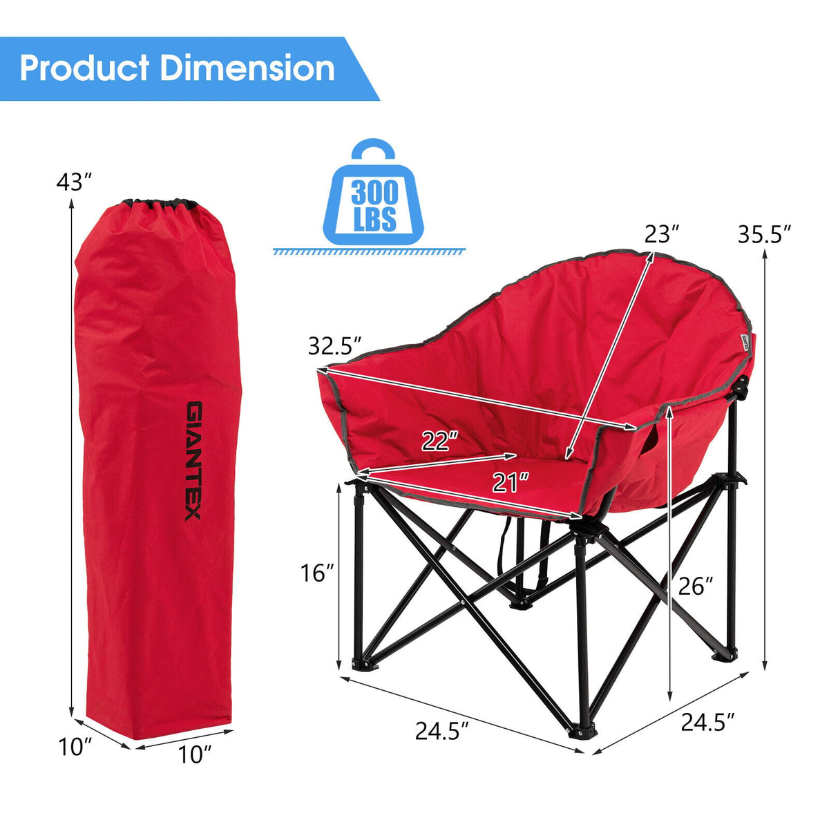 Folding Camping Moon Padded Chair with Carrying Bag-Red-Camping Furniture-DECOROLALA