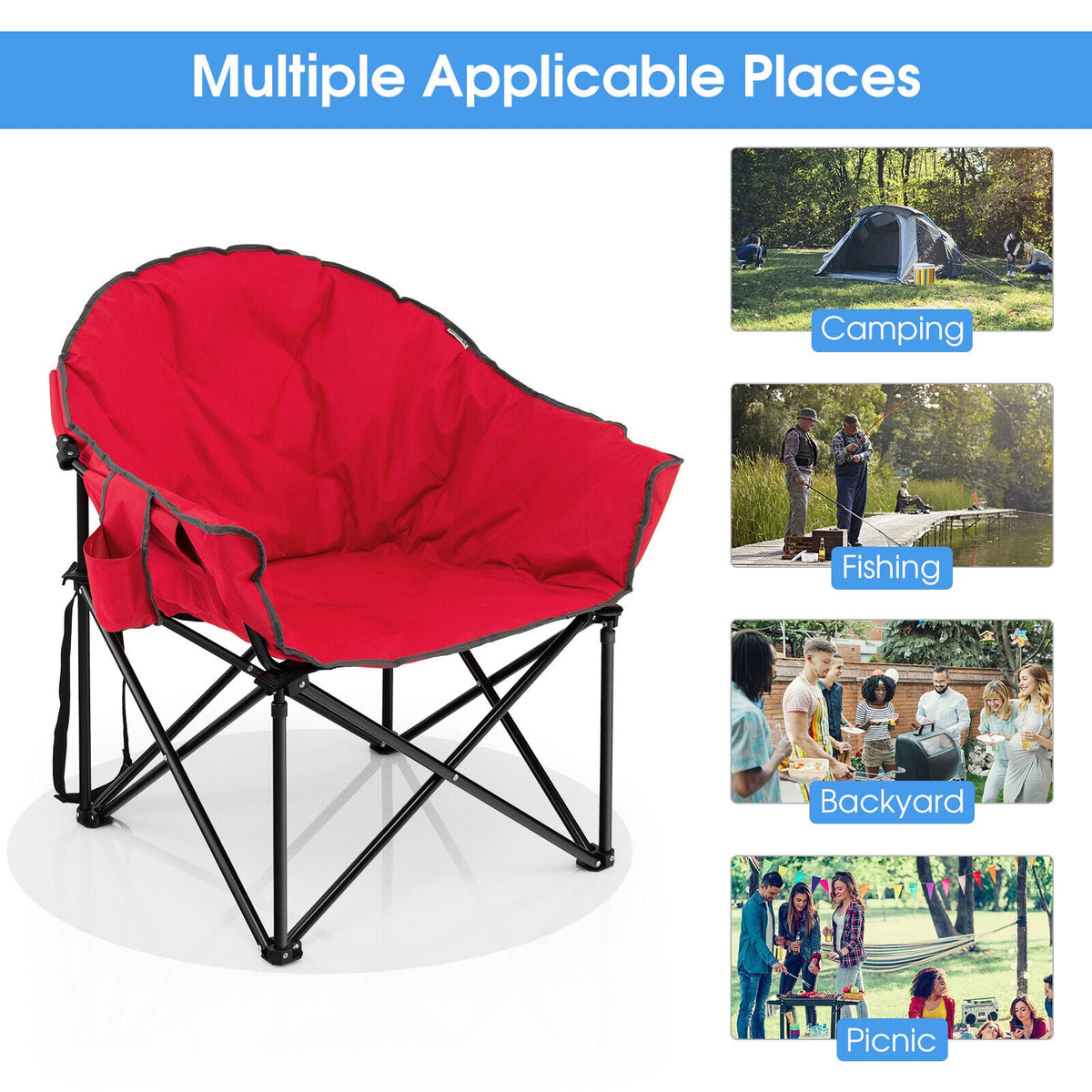 Folding Camping Moon Padded Chair with Carrying Bag-Red-Camping Furniture-DECOROLALA