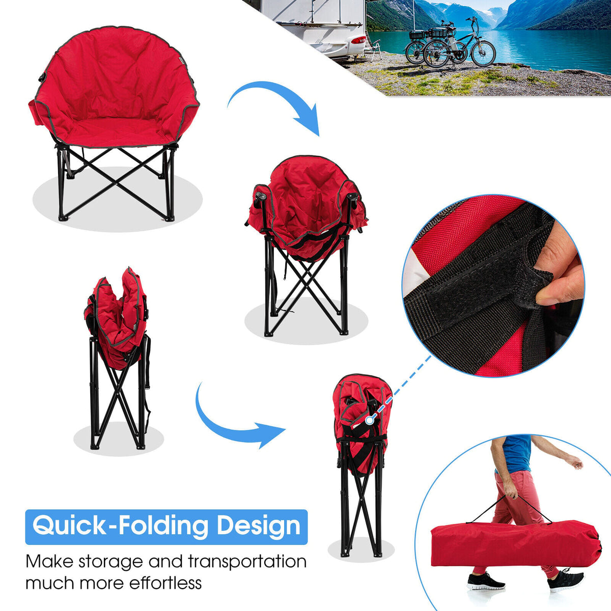 Folding Camping Moon Padded Chair with Carrying Bag-Red-Camping Furniture-DECOROLALA