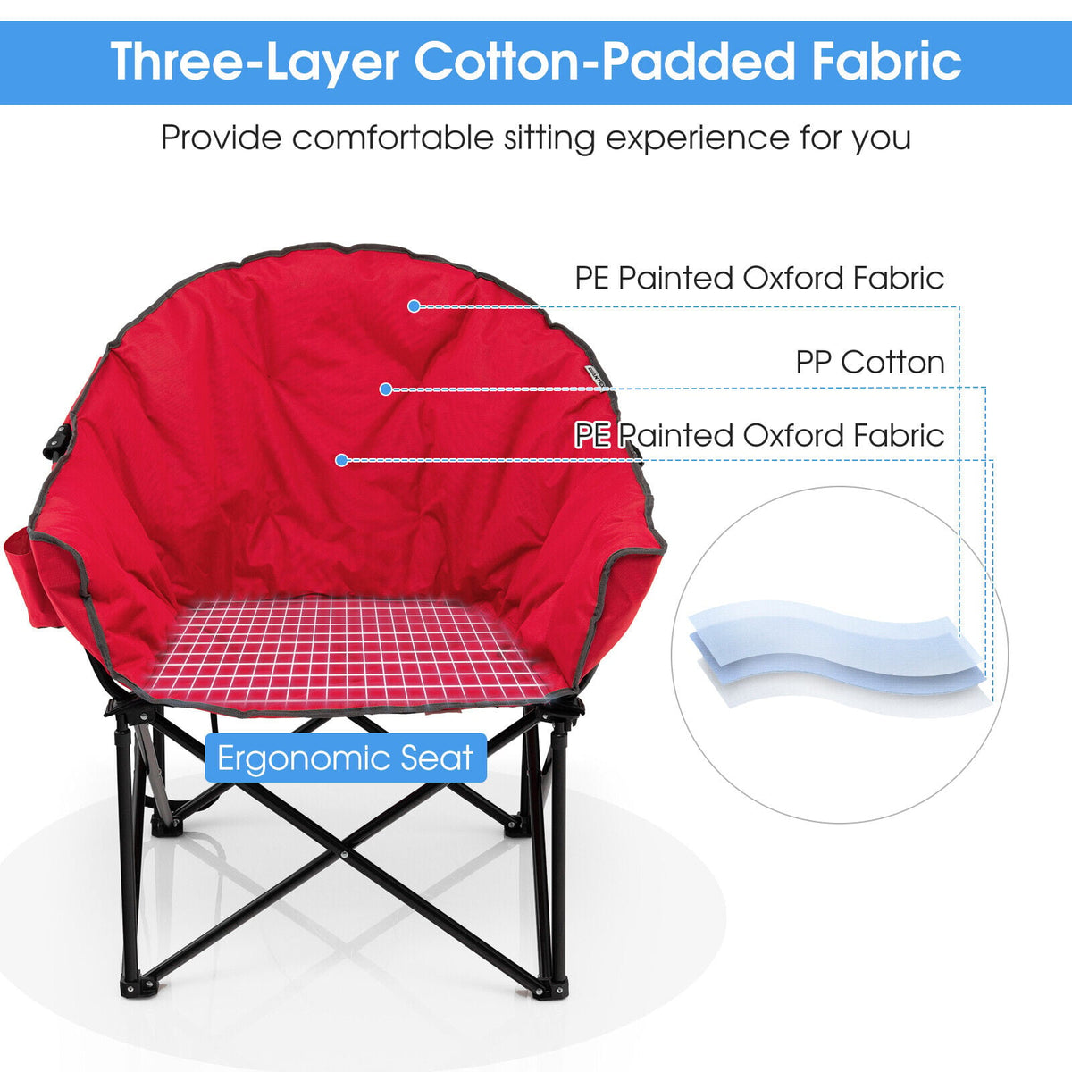 Folding Camping Moon Padded Chair with Carrying Bag-Red-Camping Furniture-DECOROLALA