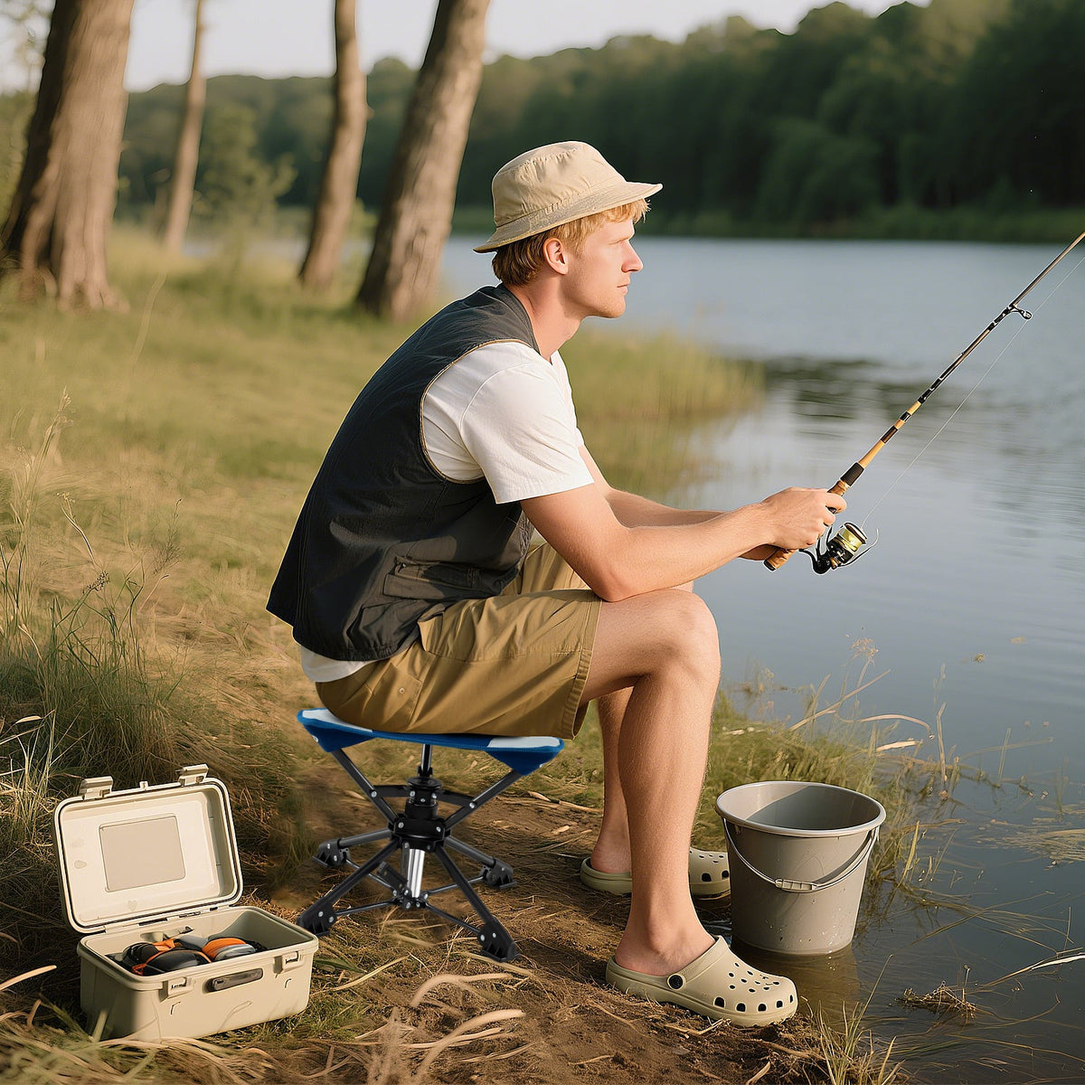 Folding Camping Stool 360° Swivel Hunting Chair with Anti-Sink Feet-Blue-Camping Equipment-DECOROLALA