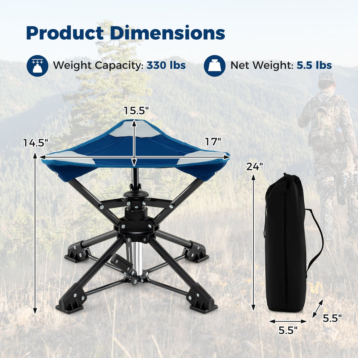 Folding Camping Stool 360° Swivel Hunting Chair with Anti-Sink Feet-Blue-Camping Equipment-DECOROLALA