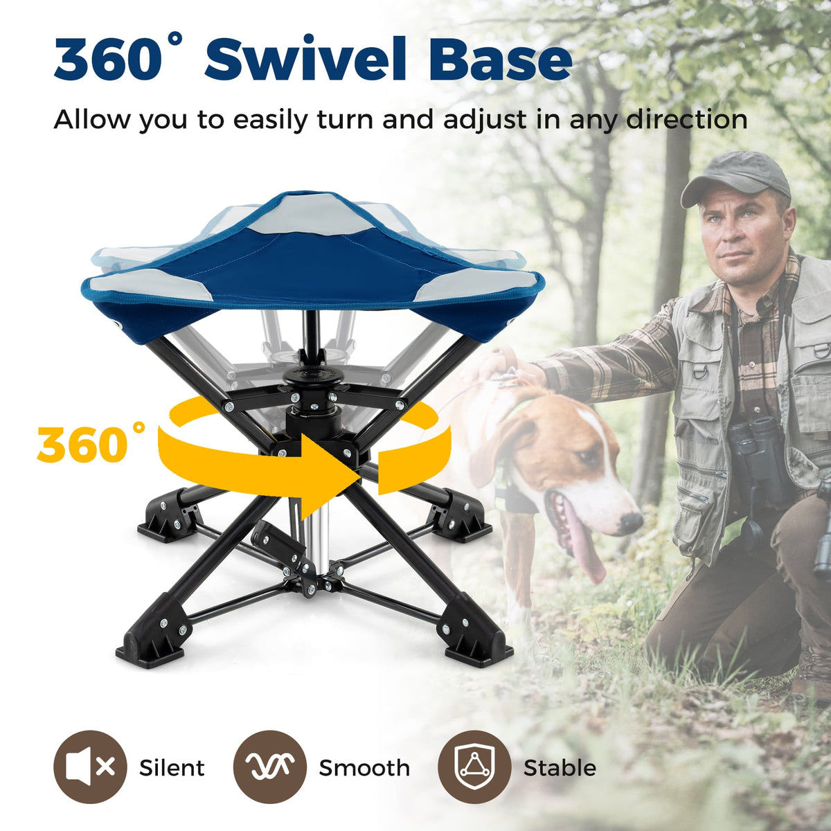 Folding Camping Stool 360° Swivel Hunting Chair with Anti-Sink Feet-Blue-Camping Equipment-DECOROLALA