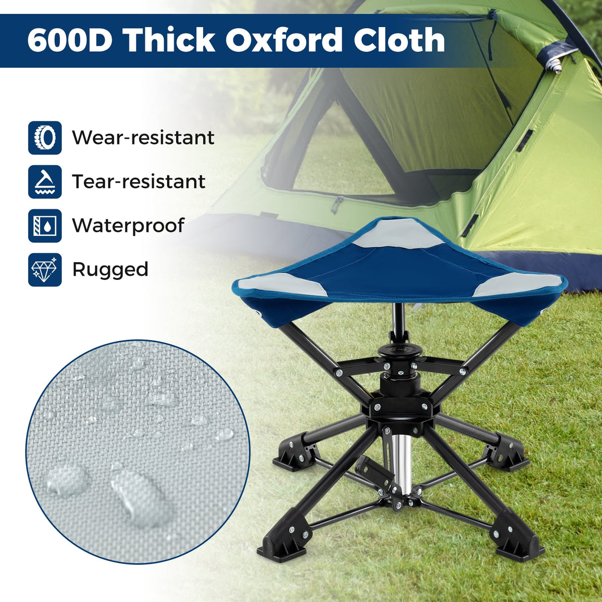 Folding Camping Stool 360° Swivel Hunting Chair with Anti-Sink Feet-Blue-Camping Equipment-DECOROLALA